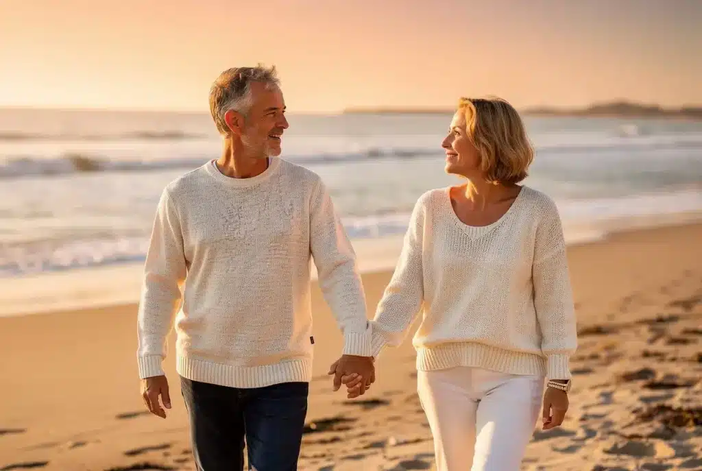 Image d'un jeune couple de retraités se regardant heureux mains dans la main en se baladant sur la plage